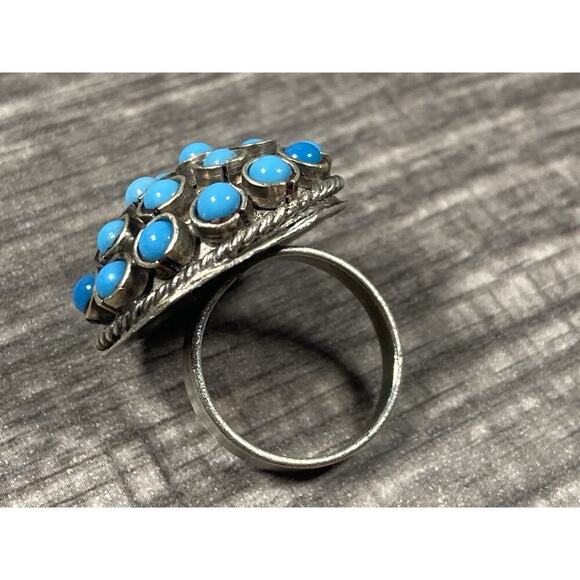 Vintage Atomic Sputnik Ring Blue Cabochon Cluster Silver Tone Size 6 - Picture 4 of 9